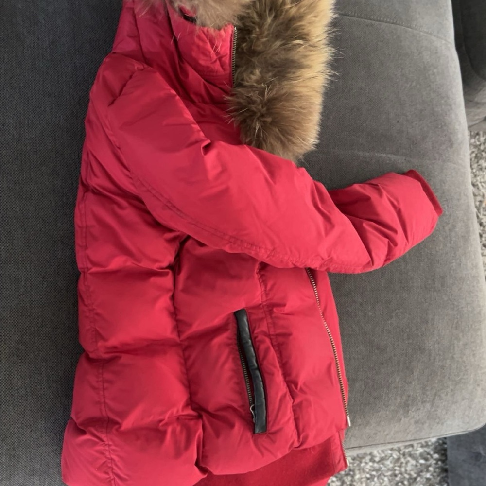 Red Bomber Jacket with Faux Fur Hood XS Mackage